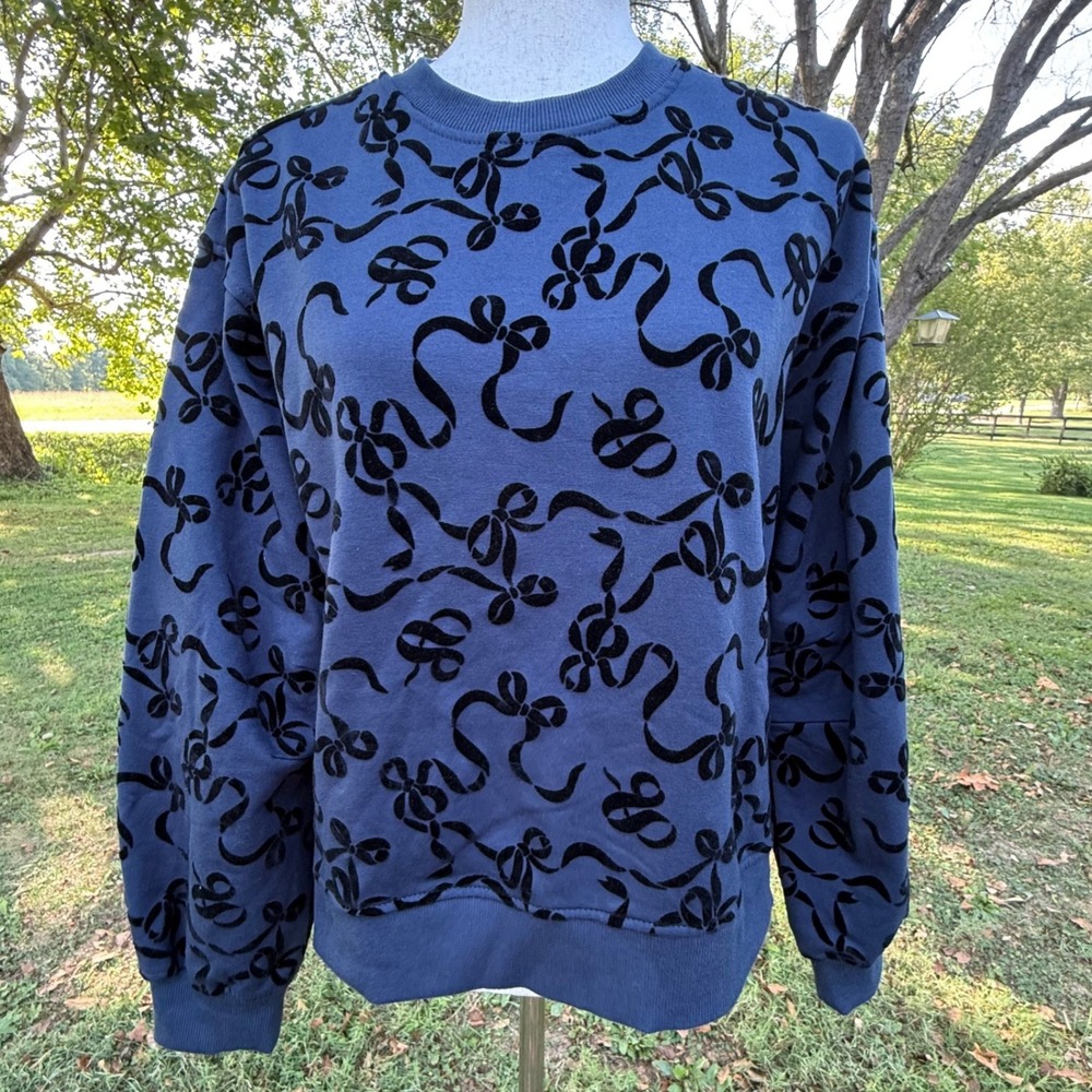 Scotch & Soda Amsterdam Blue Flocked Velvet Bow Sweatshirt Womens S RN120246